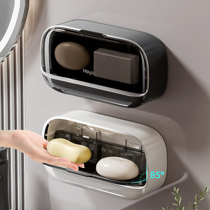 Double-compartment Soap Box Flip Cover Non-perforated Wall-mounted Draining Soap Box Bathroom Household High-end Light Luxury Storage Box