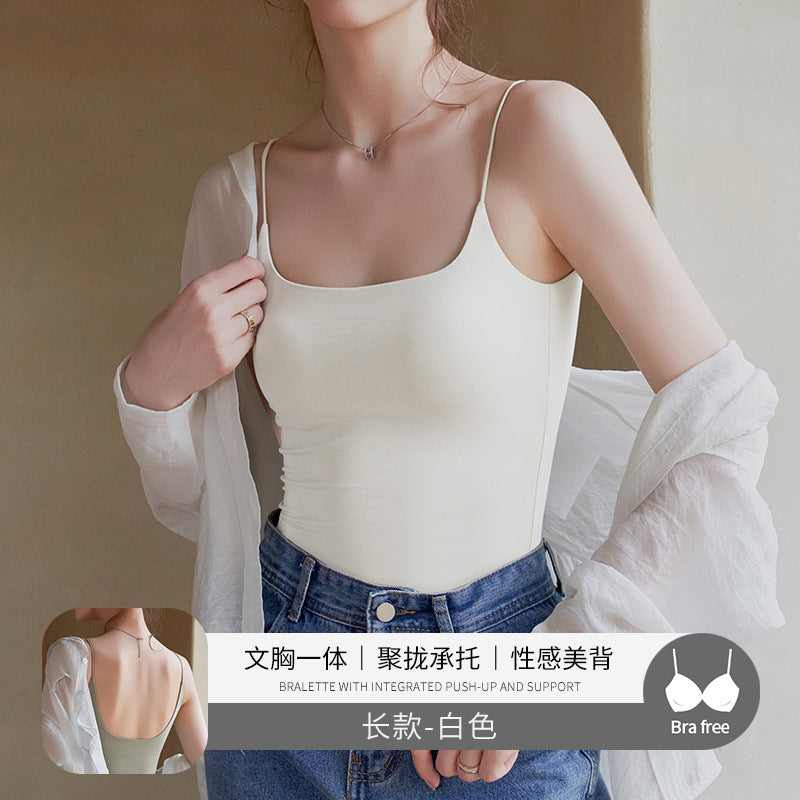 Black Beauty Back Camisole with Chest Pads for Women, Summer Inner Wear or Outerwear Top, Seamless Invisible Bra Integrated Bra