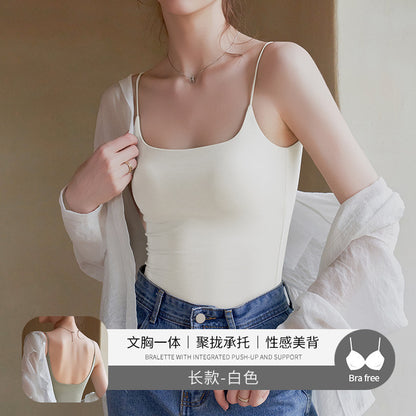 Black Beauty Back Camisole with Chest Pads for Women, Summer Inner Wear or Outerwear Top, Seamless Invisible Bra Integrated Bra