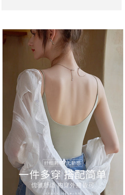 Black Beauty Back Camisole with Chest Pads for Women, Summer Inner Wear or Outerwear Top, Seamless Invisible Bra Integrated Bra