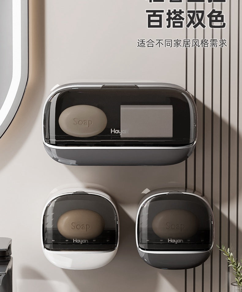 Double-compartment Soap Box Flip Cover Non-perforated Wall-mounted Draining Soap Box Bathroom Household High-end Light Luxury Storage Box