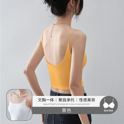 Black Beauty Back Camisole with Chest Pads for Women, Summer Inner Wear or Outerwear Top, Seamless Invisible Bra Integrated Bra