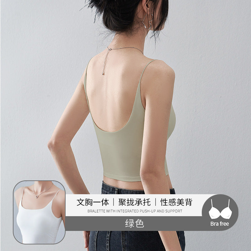 Black Beauty Back Camisole with Chest Pads for Women, Summer Inner Wear or Outerwear Top, Seamless Invisible Bra Integrated Bra