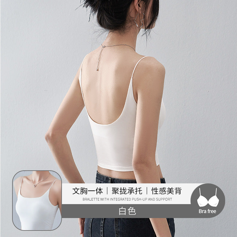 Black Beauty Back Camisole with Chest Pads for Women, Summer Inner Wear or Outerwear Top, Seamless Invisible Bra Integrated Bra