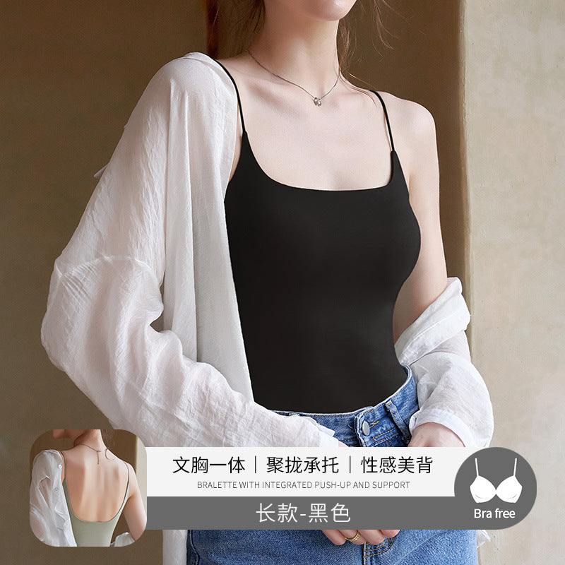 Black Beauty Back Camisole with Chest Pads for Women, Summer Inner Wear or Outerwear Top, Seamless Invisible Bra Integrated Bra