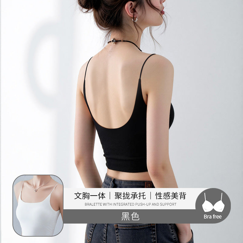 Black Beauty Back Camisole with Chest Pads for Women, Summer Inner Wear or Outerwear Top, Seamless Invisible Bra Integrated Bra