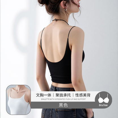 Black Beauty Back Camisole with Chest Pads for Women, Summer Inner Wear or Outerwear Top, Seamless Invisible Bra Integrated Bra