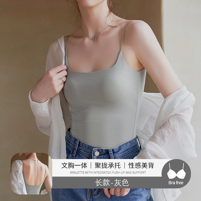 Black Beauty Back Camisole with Chest Pads for Women, Summer Inner Wear or Outerwear Top, Seamless Invisible Bra Integrated Bra