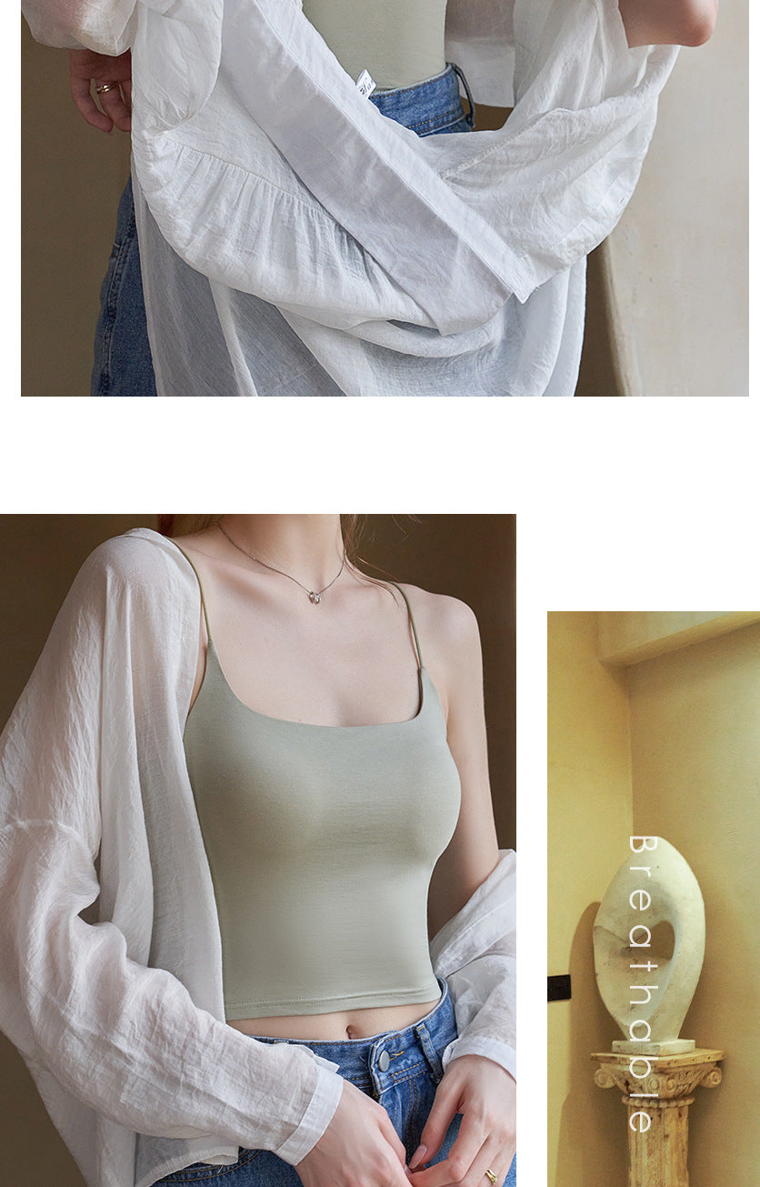 Black Beauty Back Camisole with Chest Pads for Women, Summer Inner Wear or Outerwear Top, Seamless Invisible Bra Integrated Bra
