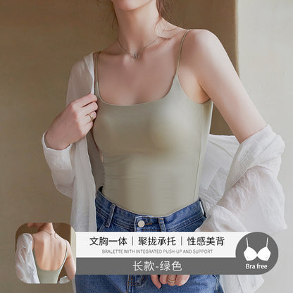 Black Beauty Back Camisole with Chest Pads for Women, Summer Inner Wear or Outerwear Top, Seamless Invisible Bra Integrated Bra