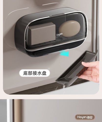 Double-compartment Soap Box Flip Cover Non-perforated Wall-mounted Draining Soap Box Bathroom Household High-end Light Luxury Storage Box