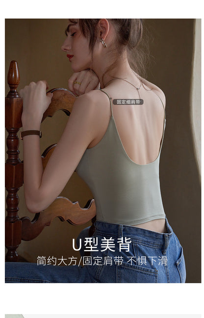 Black Beauty Back Camisole with Chest Pads for Women, Summer Inner Wear or Outerwear Top, Seamless Invisible Bra Integrated Bra