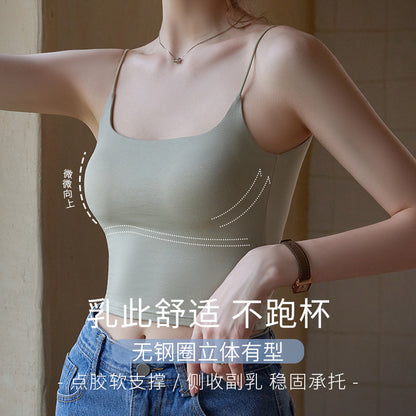 Black Beauty Back Camisole with Chest Pads for Women, Summer Inner Wear or Outerwear Top, Seamless Invisible Bra Integrated Bra