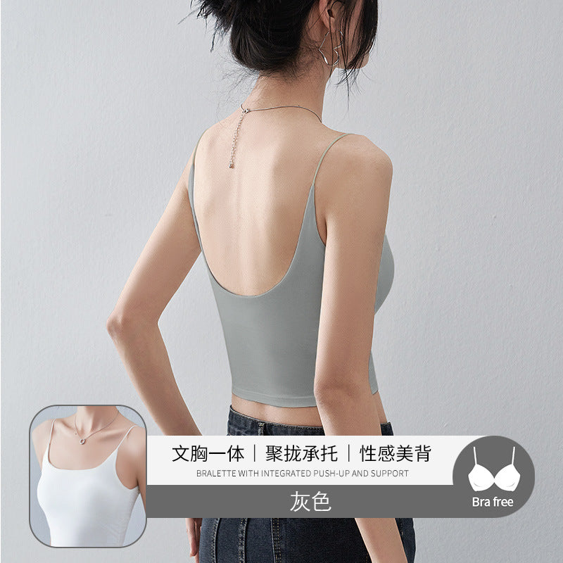 Black Beauty Back Camisole with Chest Pads for Women, Summer Inner Wear or Outerwear Top, Seamless Invisible Bra Integrated Bra