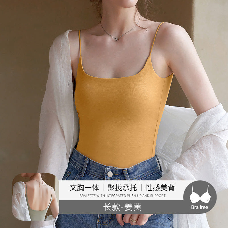 Black Beauty Back Camisole with Chest Pads for Women, Summer Inner Wear or Outerwear Top, Seamless Invisible Bra Integrated Bra