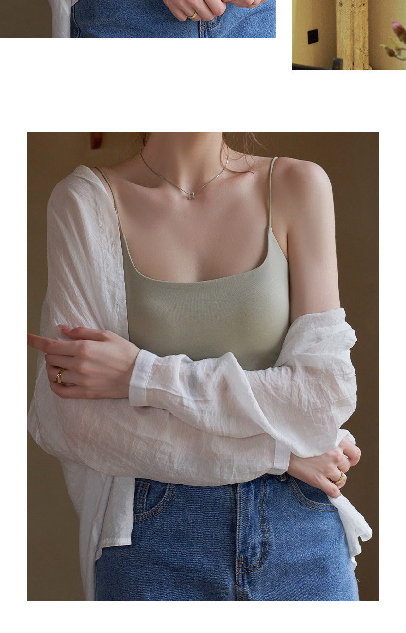 Black Beauty Back Camisole with Chest Pads for Women, Summer Inner Wear or Outerwear Top, Seamless Invisible Bra Integrated Bra