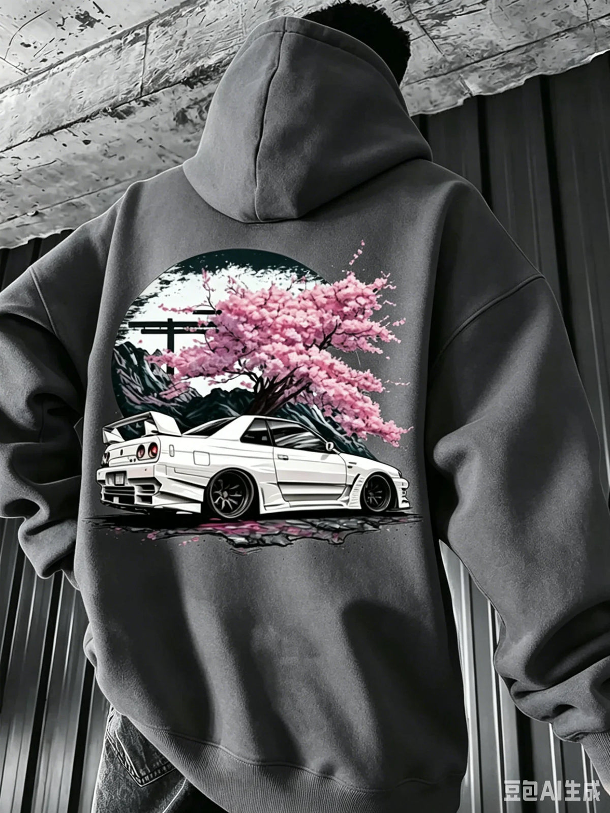 Men's Hoodie for Autumn/Winter Minimalist Streetwear Style Featuring Vintage JDM White Sports Car and Cherry Blossom Graphics