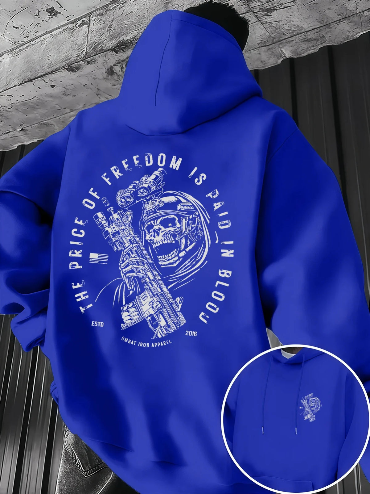New trendy hip-hop hoodie for men, casual everyday drawstring hooded sweatshirt with print, men's top with soldier print.