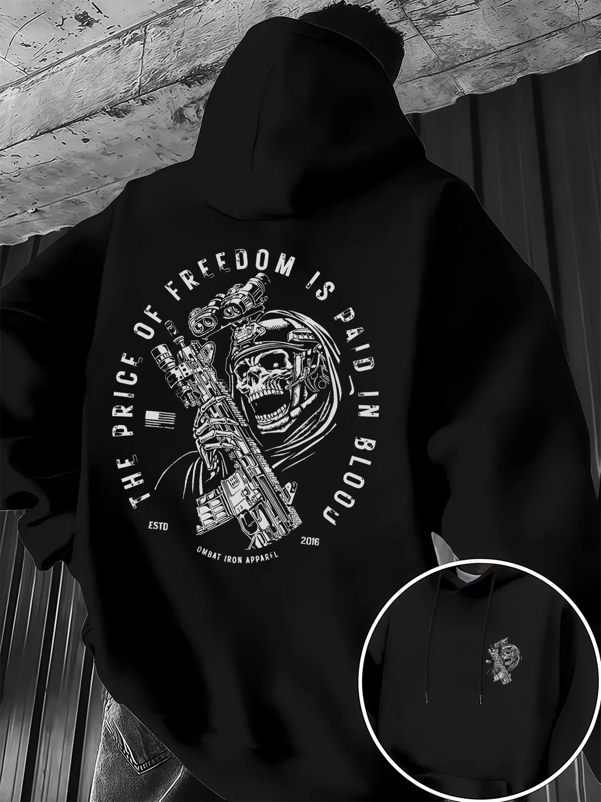 New trendy hip-hop hoodie for men, casual everyday drawstring hooded sweatshirt with print, men's top with soldier print.