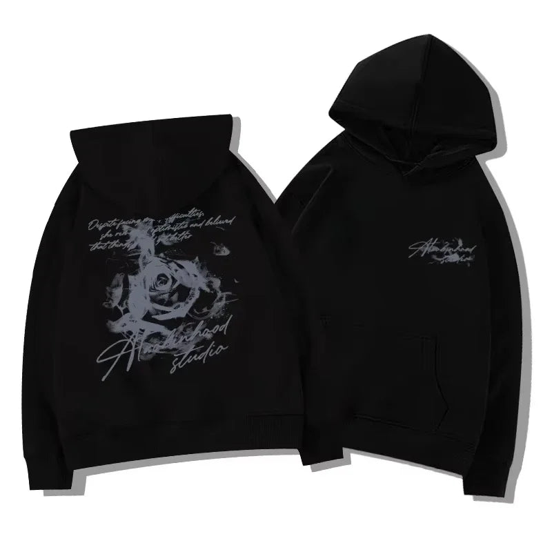 Men's Vintage Rose Print Hoodie Sweatshirt Oversized Streetwear Cursive Letter Graphic Pullover Casual Sweatshirt Fall Winter