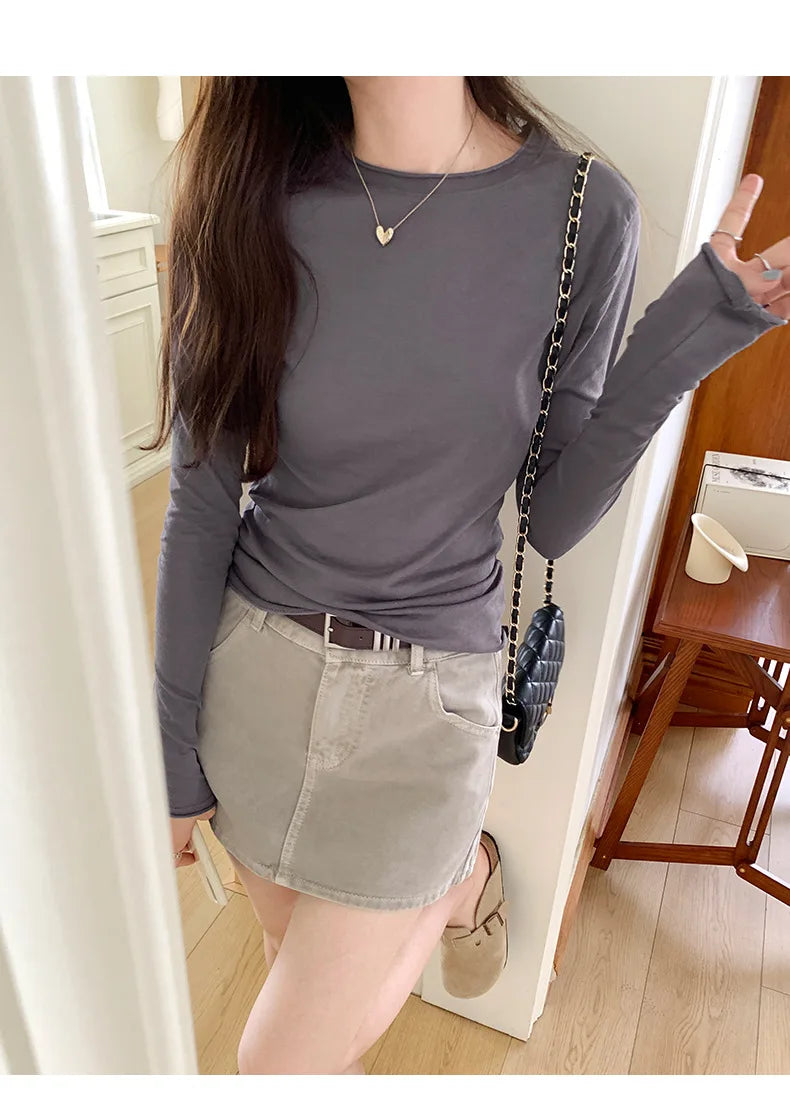 Spring Autumn T shirt Women Tops Solid Slim Fit Long Sleeve O Neck Tshirts Female Casual Streetwear High Quality Base Tees