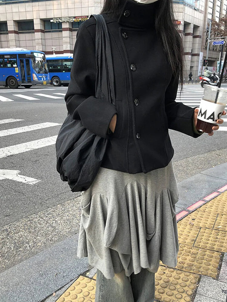 2026 Women's Minimalist Retro Stand up Collar Thick Coat, Asymmetrical Button Decoration, Slim Fit Long Sleeved Top, Winter