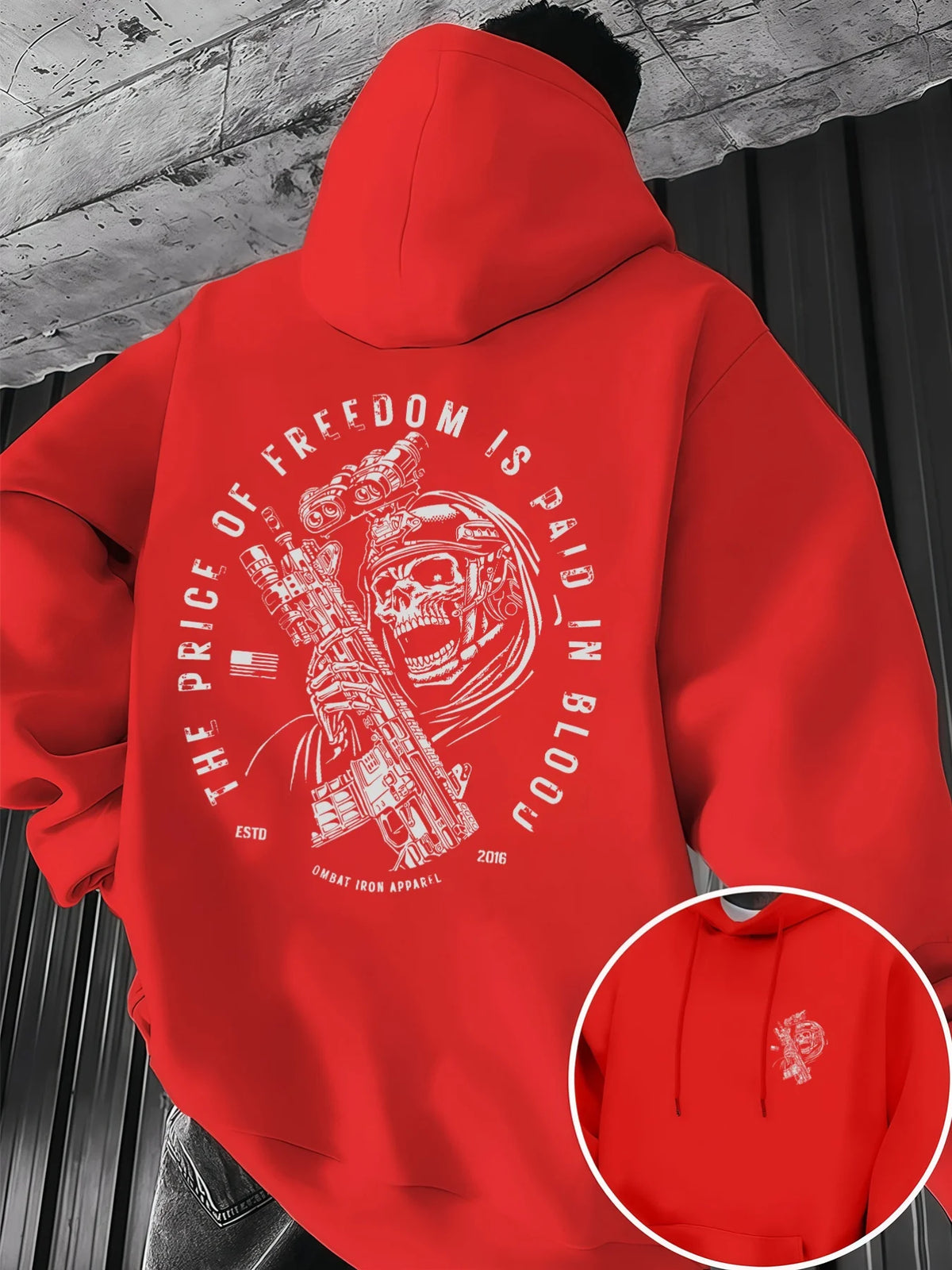 New trendy hip-hop hoodie for men, casual everyday drawstring hooded sweatshirt with print, men's top with soldier print.