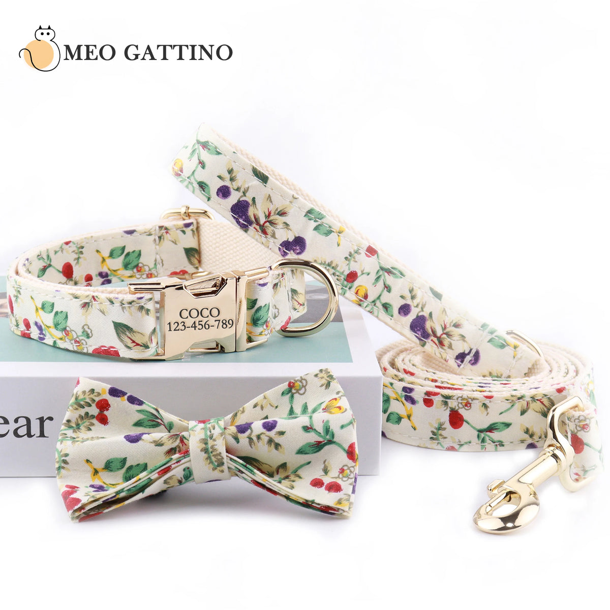 Personalized Luxury Floral Grass Pale Yellow Dog Collar Sets Free Engraved ID Customed Collars Adjustable Dog Accessories