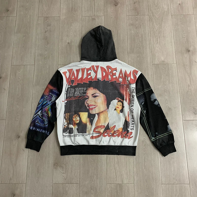 New VALLEY Unisex Graphic Washed Zip Up Hoodie Retro Portrait Collage Vintage Print Baggy Street Sweatshirt