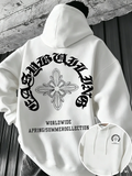 Gothic Letter Cross Pattern Men's Hoodie with Vintage Print, Loose Fit, Suitable for Autumn Winter with A Hooded Pullover Design