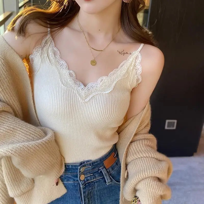 Lace Tank Top Women Cropped Cute Camis Sexy White Tank Tops Female Korean Sleeveless Black Vest Summer 2026 Coquette Y2k Clothes