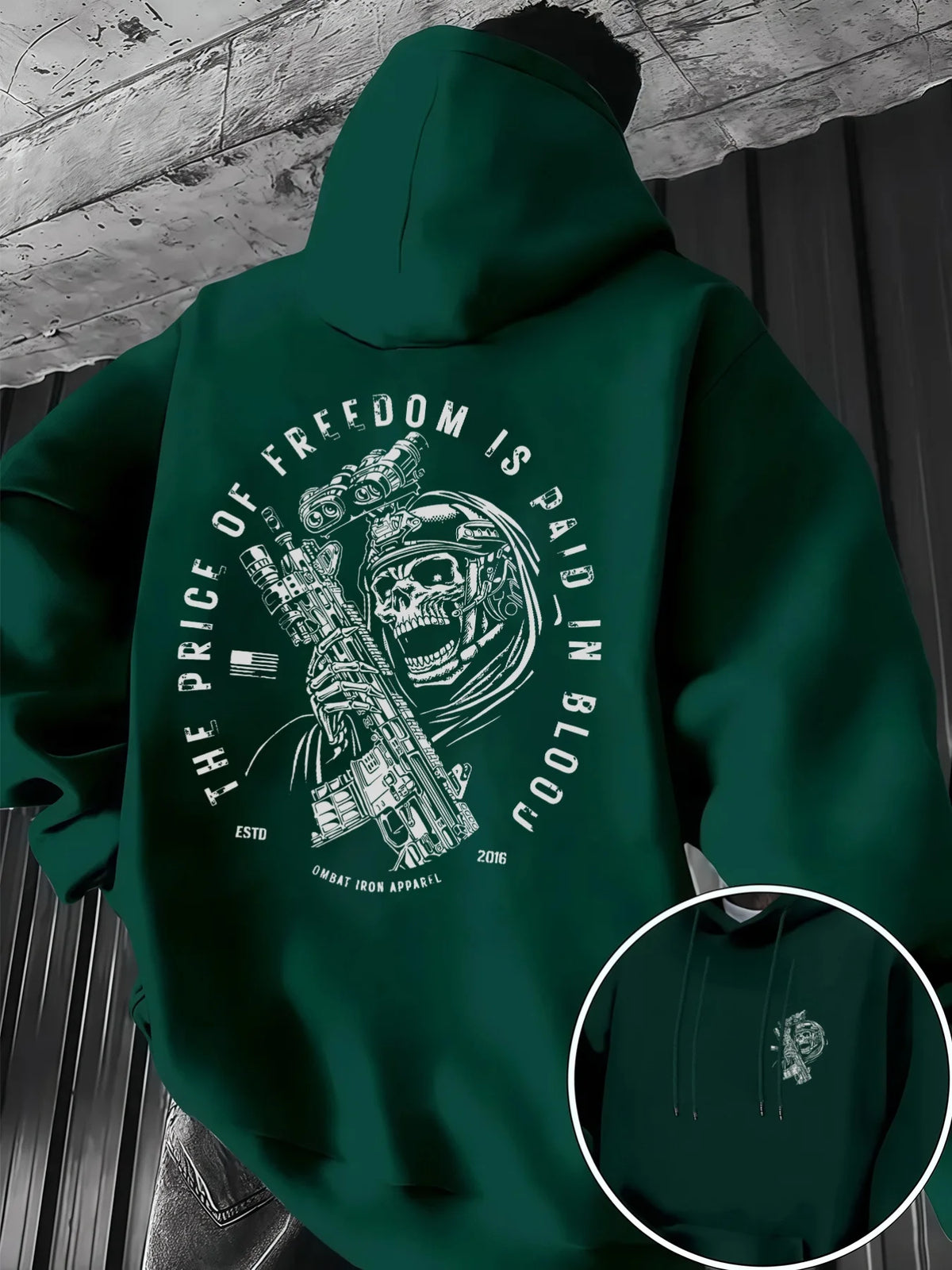 New trendy hip-hop hoodie for men, casual everyday drawstring hooded sweatshirt with print, men's top with soldier print.