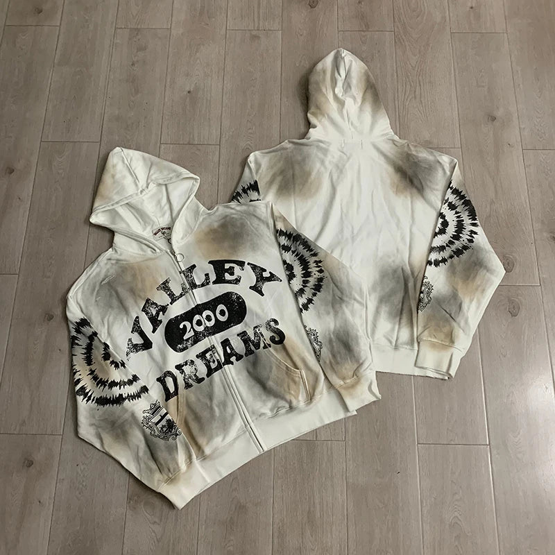 New VALLEY Unisex Graphic Washed Zip Up Hoodie Retro Portrait Collage Vintage Print Baggy Street Sweatshirt