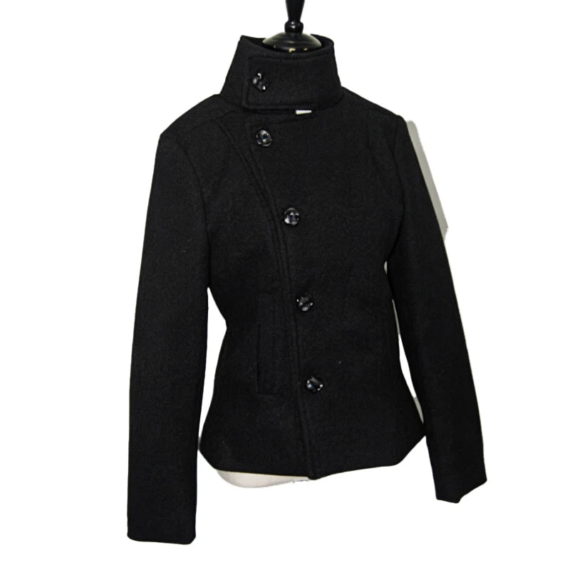 2026 Women's Minimalist Retro Stand up Collar Thick Coat, Asymmetrical Button Decoration, Slim Fit Long Sleeved Top, Winter