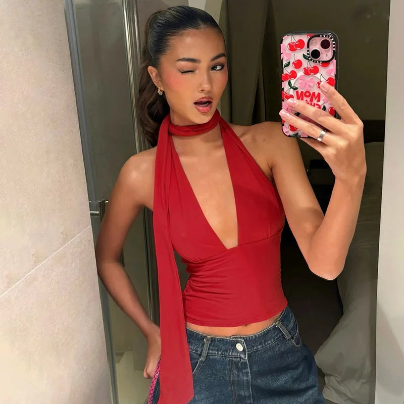 Sexy Deep V-Neck Halter Crop Top for Women Y2K Built-in Scarf Backless Sleeveless Slim Tank Top Summer Club Party Streetwear
