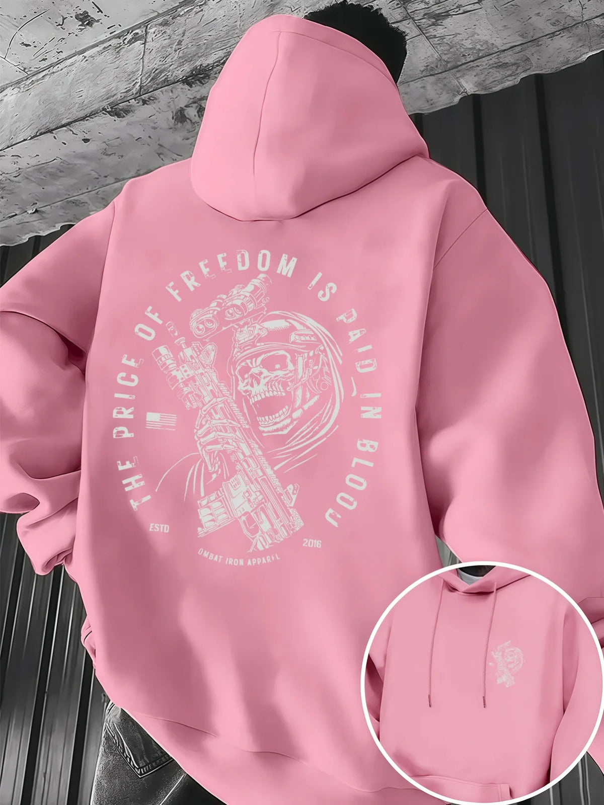 New trendy hip-hop hoodie for men, casual everyday drawstring hooded sweatshirt with print, men's top with soldier print.