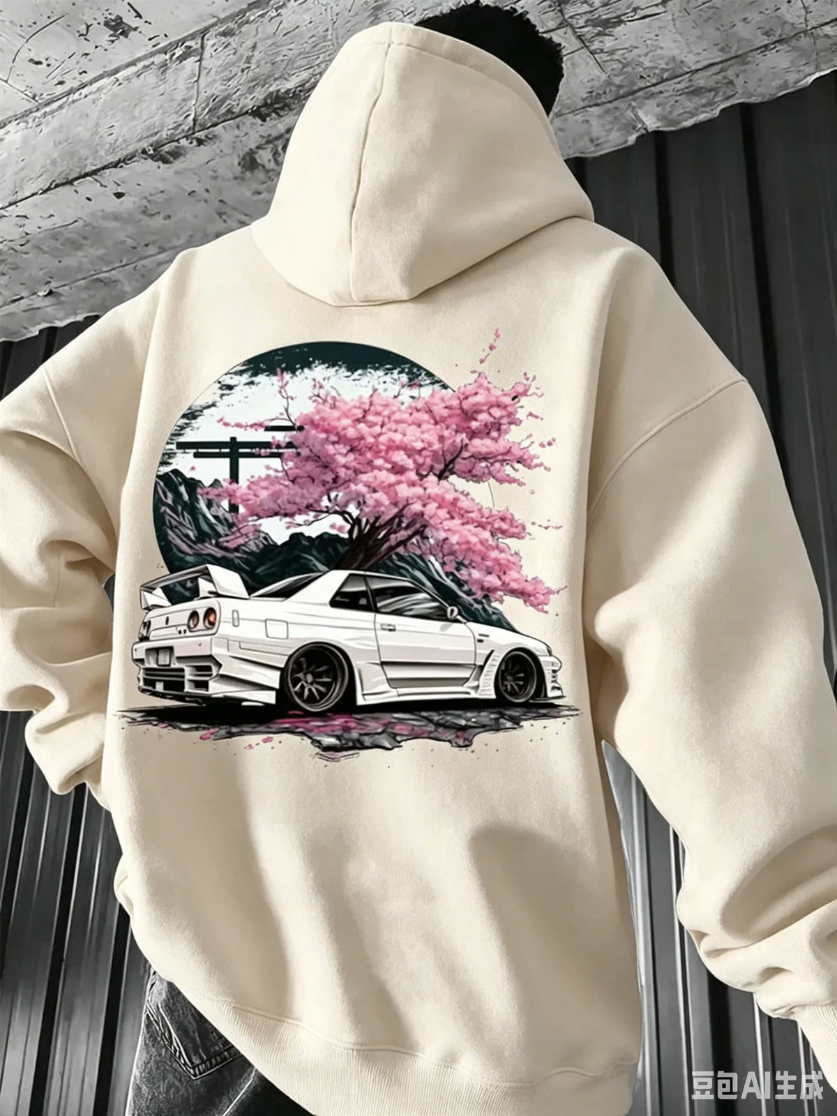 Men's Hoodie for Autumn/Winter Minimalist Streetwear Style Featuring Vintage JDM White Sports Car and Cherry Blossom Graphics