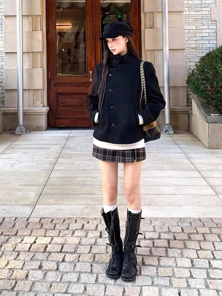 2026 Women's Minimalist Retro Stand up Collar Thick Coat, Asymmetrical Button Decoration, Slim Fit Long Sleeved Top, Winter