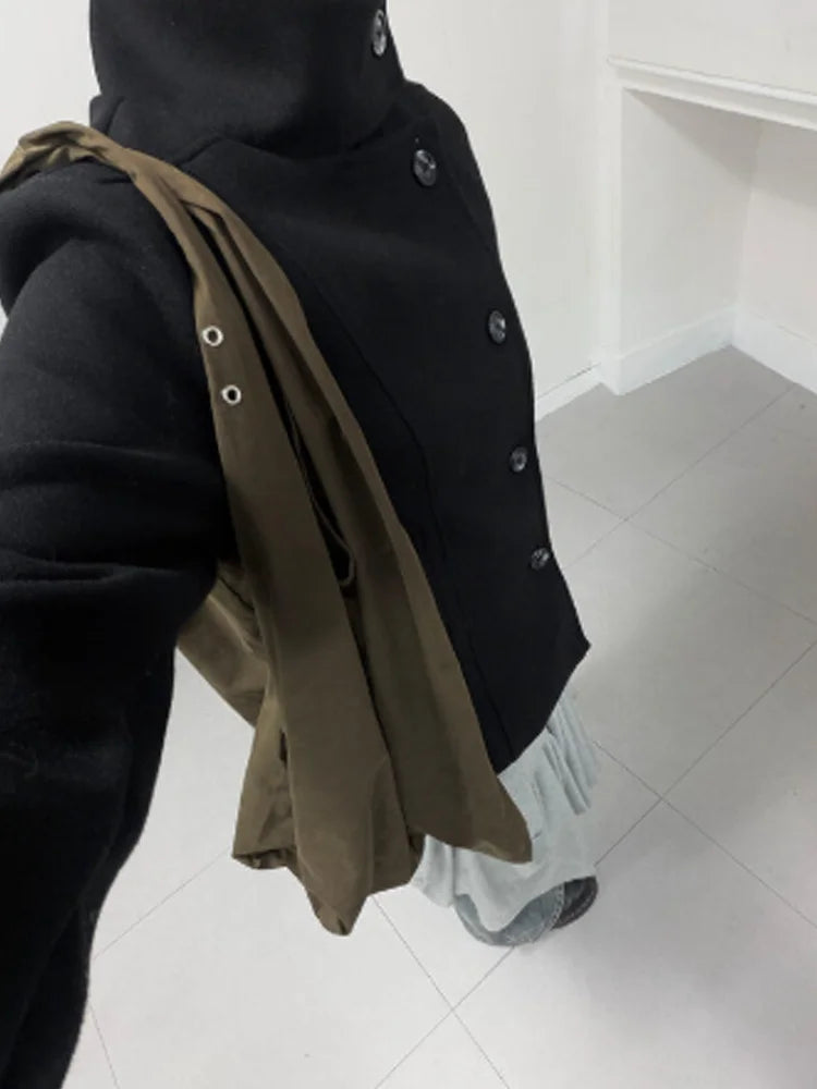2026 Women's Minimalist Retro Stand up Collar Thick Coat, Asymmetrical Button Decoration, Slim Fit Long Sleeved Top, Winter