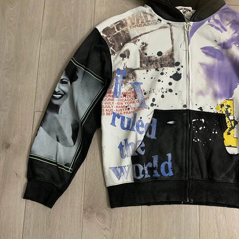 New VALLEY Unisex Graphic Washed Zip Up Hoodie Retro Portrait Collage Vintage Print Baggy Street Sweatshirt