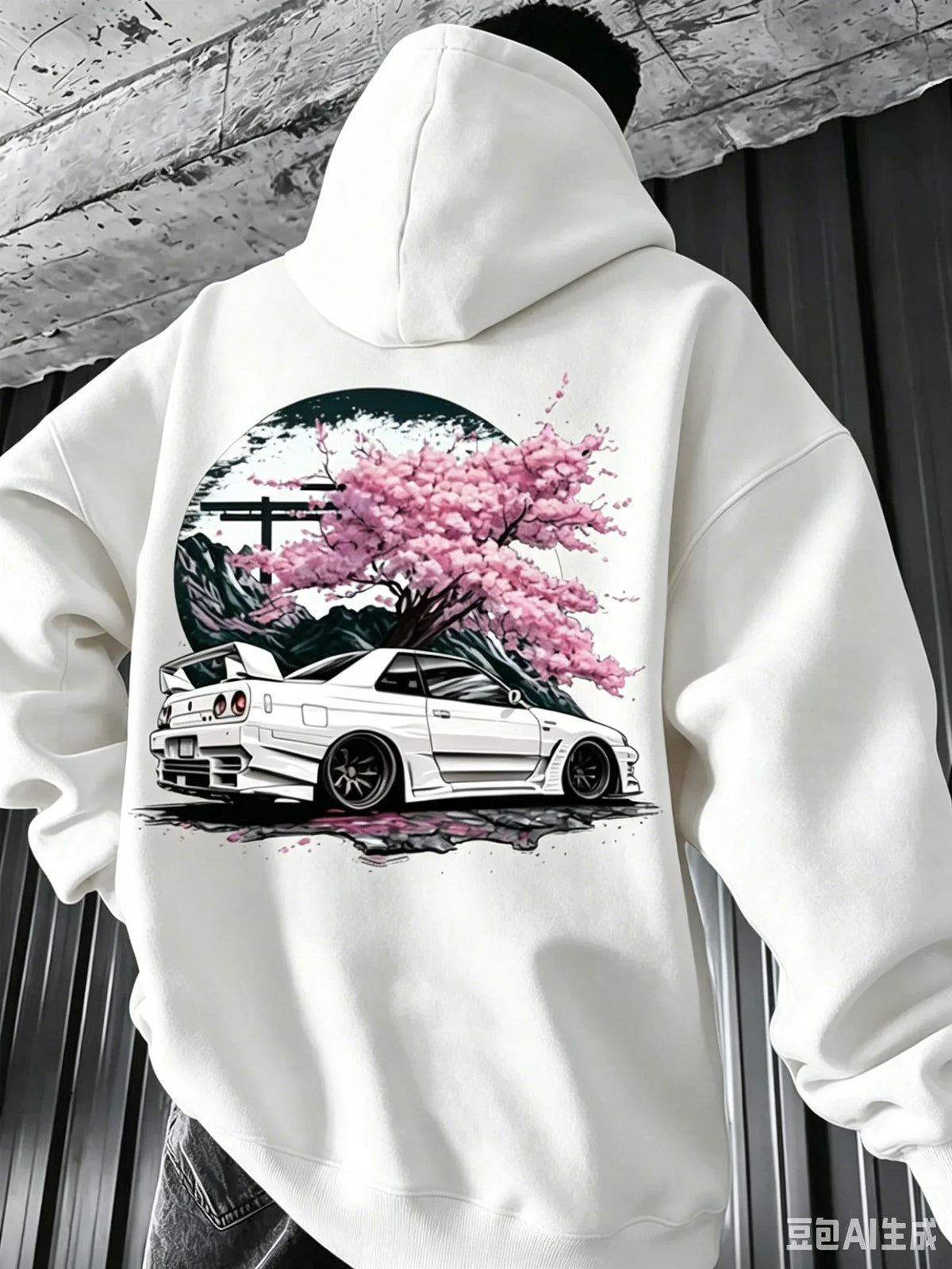 Men's Hoodie for Autumn/Winter Minimalist Streetwear Style Featuring Vintage JDM White Sports Car and Cherry Blossom Graphics