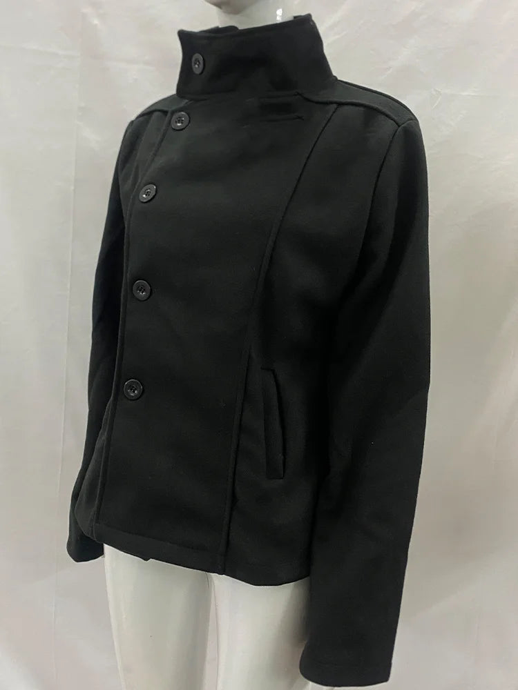 2026 Women's Minimalist Retro Stand up Collar Thick Coat, Asymmetrical Button Decoration, Slim Fit Long Sleeved Top, Winter
