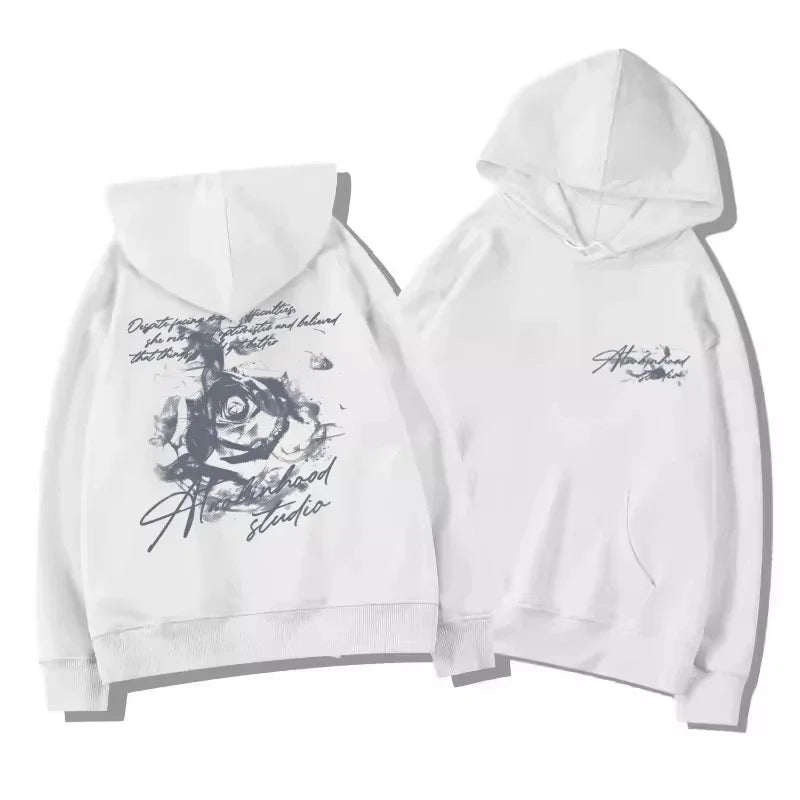 Men's Vintage Rose Print Hoodie Sweatshirt Oversized Streetwear Cursive Letter Graphic Pullover Casual Sweatshirt Fall Winter
