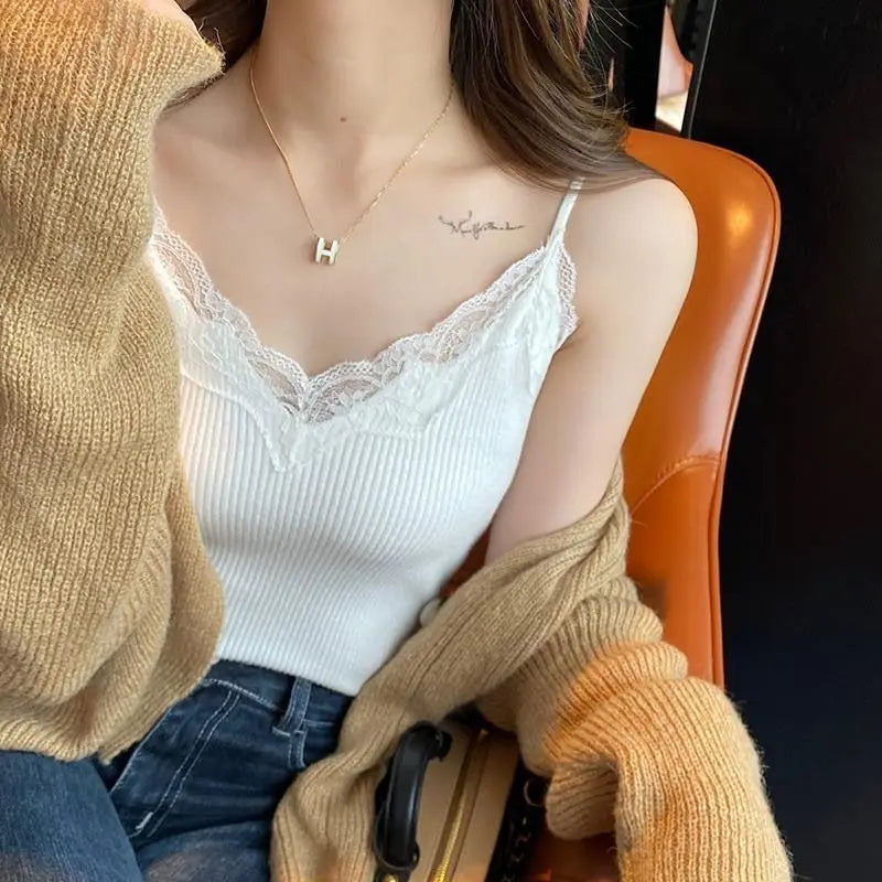 Lace Tank Top Women Cropped Cute Camis Sexy White Tank Tops Female Korean Sleeveless Black Vest Summer 2026 Coquette Y2k Clothes