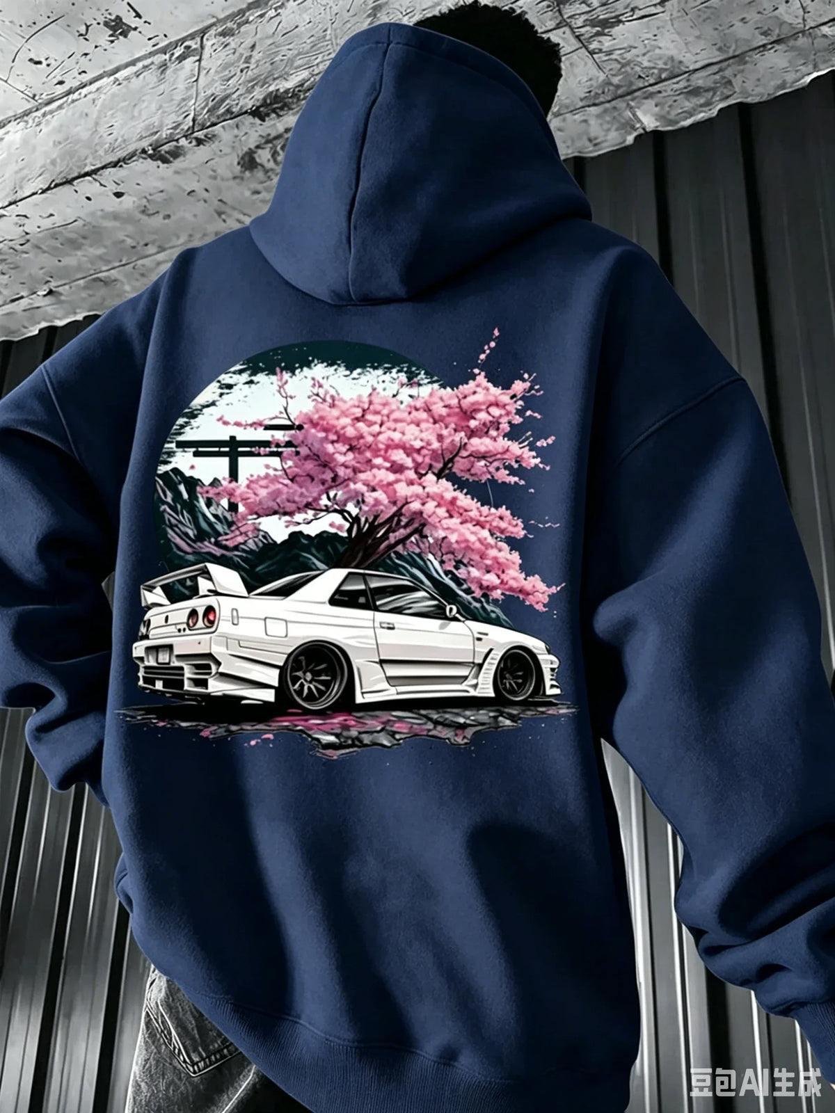 Men's Hoodie for Autumn/Winter Minimalist Streetwear Style Featuring Vintage JDM White Sports Car and Cherry Blossom Graphics