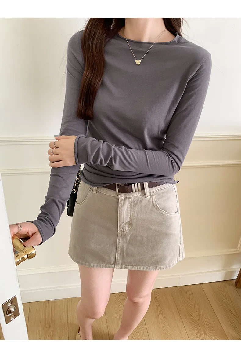 Spring Autumn T shirt Women Tops Solid Slim Fit Long Sleeve O Neck Tshirts Female Casual Streetwear High Quality Base Tees