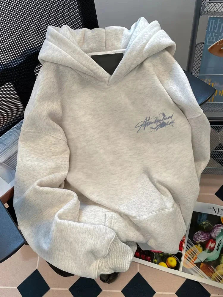 Men's Vintage Rose Print Hoodie Sweatshirt Oversized Streetwear Cursive Letter Graphic Pullover Casual Sweatshirt Fall Winter