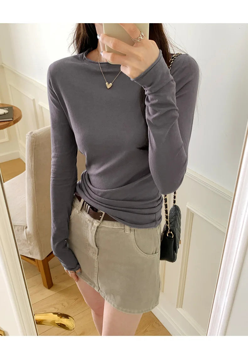 Spring Autumn T shirt Women Tops Solid Slim Fit Long Sleeve O Neck Tshirts Female Casual Streetwear High Quality Base Tees
