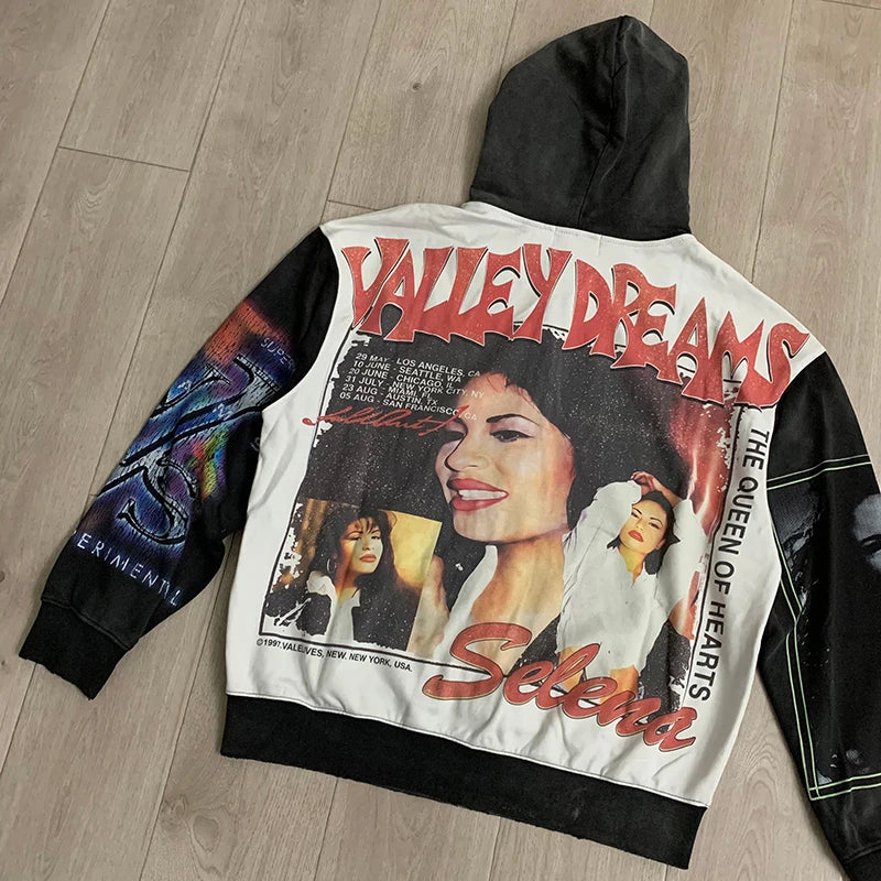 New VALLEY Unisex Graphic Washed Zip Up Hoodie Retro Portrait Collage Vintage Print Baggy Street Sweatshirt