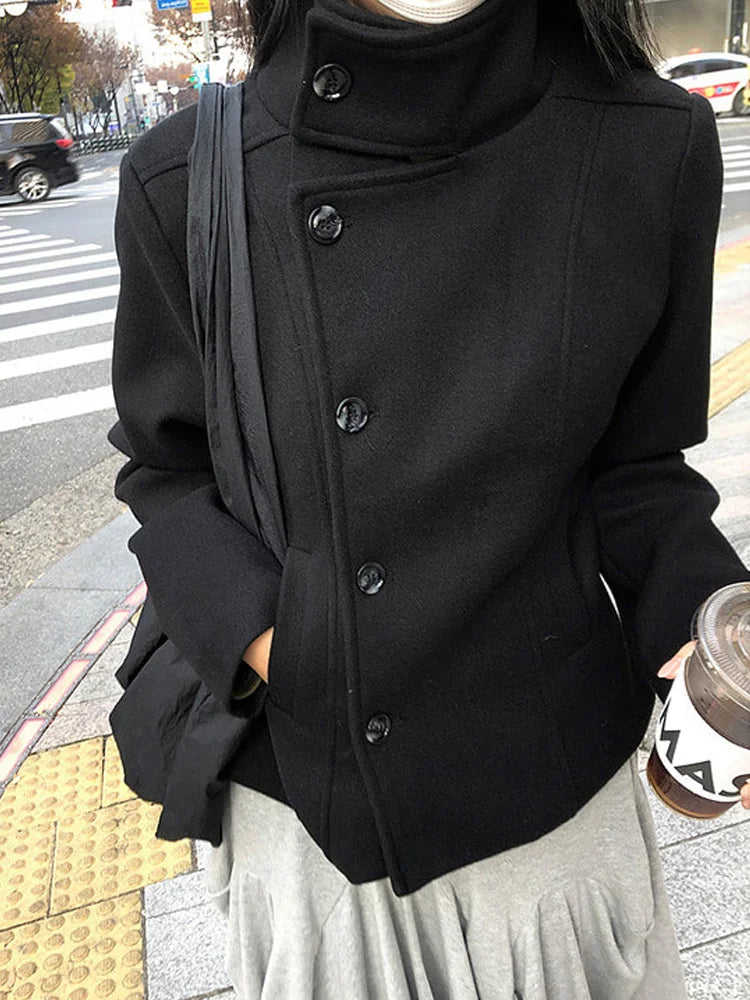 2026 Women's Minimalist Retro Stand up Collar Thick Coat, Asymmetrical Button Decoration, Slim Fit Long Sleeved Top, Winter